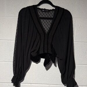 Zara Black Sheer Dotted V-Neck Blouse